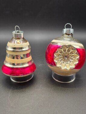 Vintage Mercury Glass Christmas Ornaments Bell & Double Indent Made in USA
